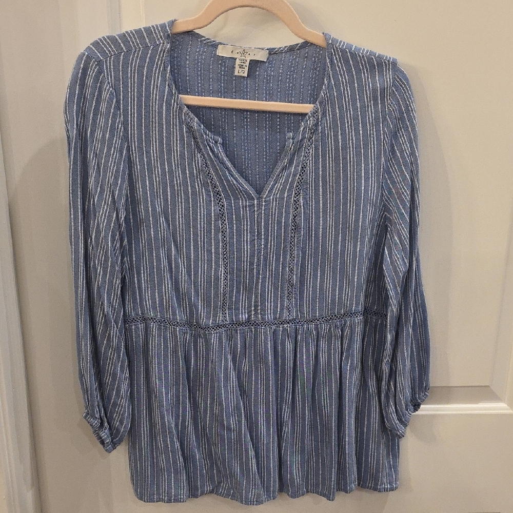 FEVER Blue Whistlers Boho Peasant‎ Top Women's L Coastal Chic Cottagecore